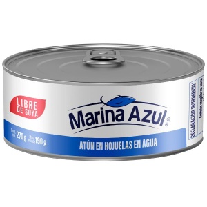 Marina azul libre de soya atún en hojuelas en agua 270g