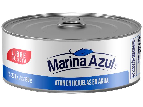 Marina azul libre de soya atún en hojuelas en agua 270g