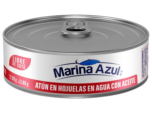 Marina azul libre de soya atún en hojuelas en agua con aceite 120g