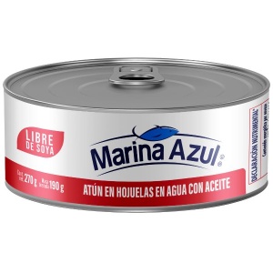Marina azul libre de soya atún en hojuelas en agua con aceite 270g