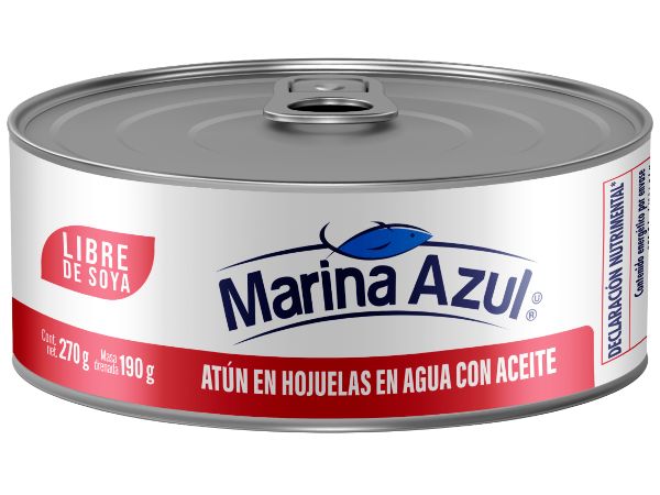 Marina azul libre de soya atún en hojuelas en agua con aceite 270g