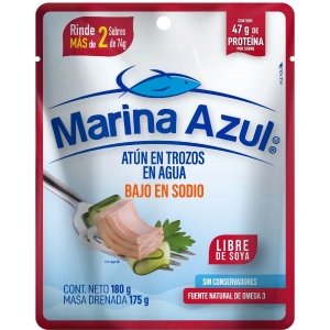 Marina azul libre de soya atún en trozos en agua bajo en sodio 180 gr